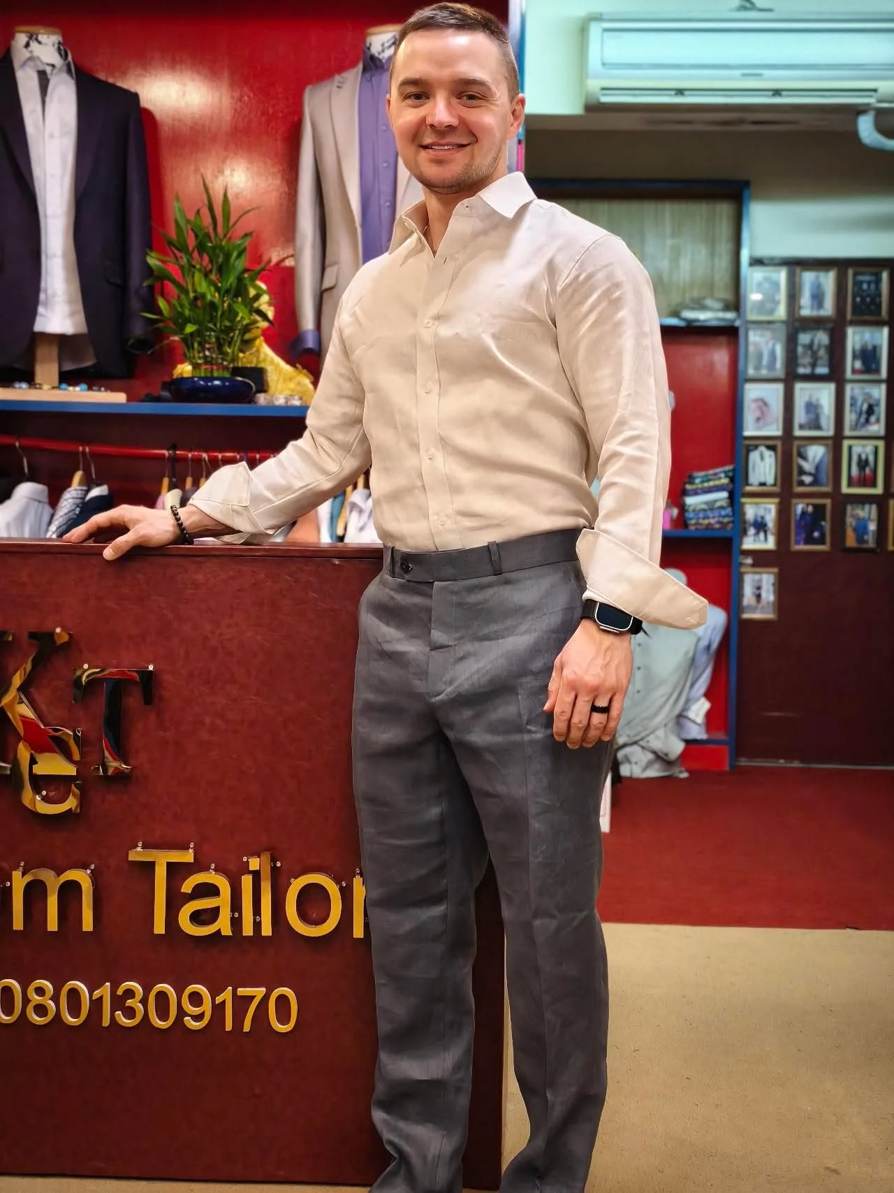 Custom linen shirt and tailored trousers made by Keck Custom Tailor